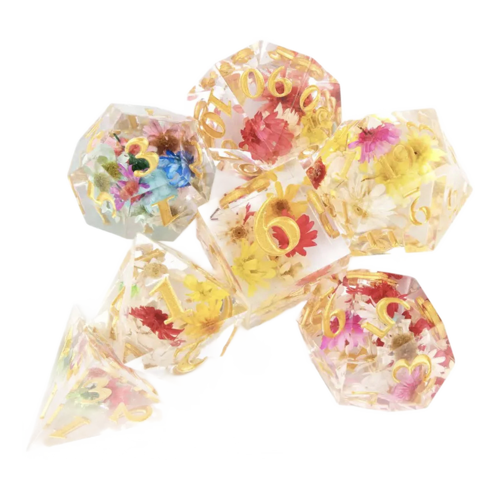 Transparant met gekleurde Bloemen — 7-delige dobbelsteenset